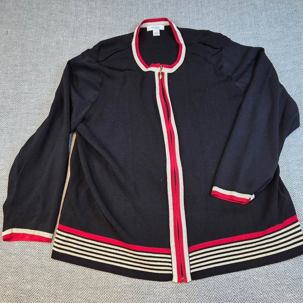 Dressbarn Woman Black Zip Up Cardigan Sweater Red Metallic Gold Trim Size 18/20
